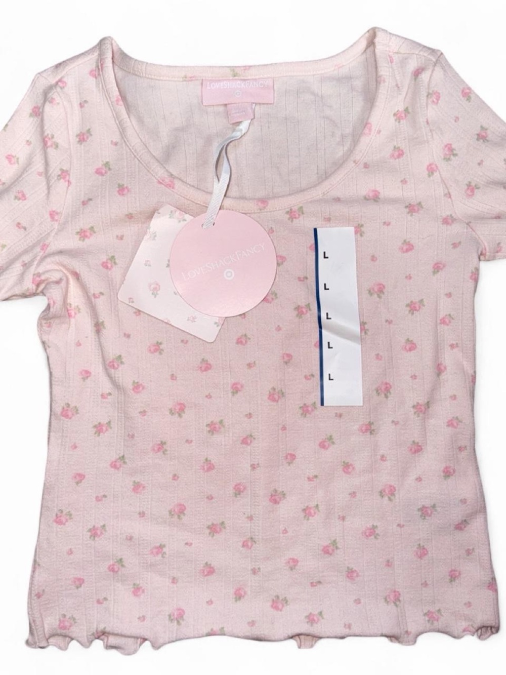 LoveShackFancy Pink Floral Ribbed Short Sleeve Tee